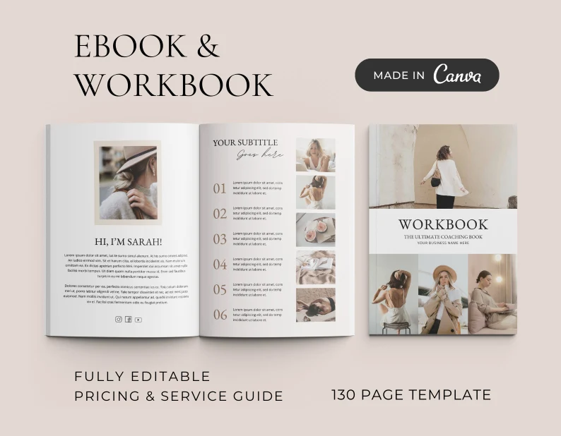 130 Page Ebook Template | Coaching Course Template | For Freelancers, Coaches, Course Creators | Canva Workbook Template