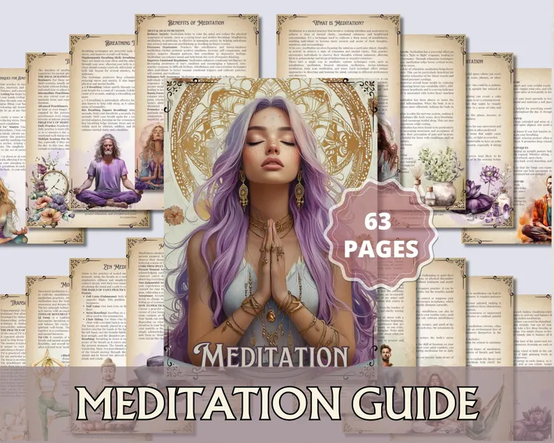 Meditation Guide. Breathing Techniques, Styles, Affirmations, Journal Prompts, Meditation Scripts, and more! Printable